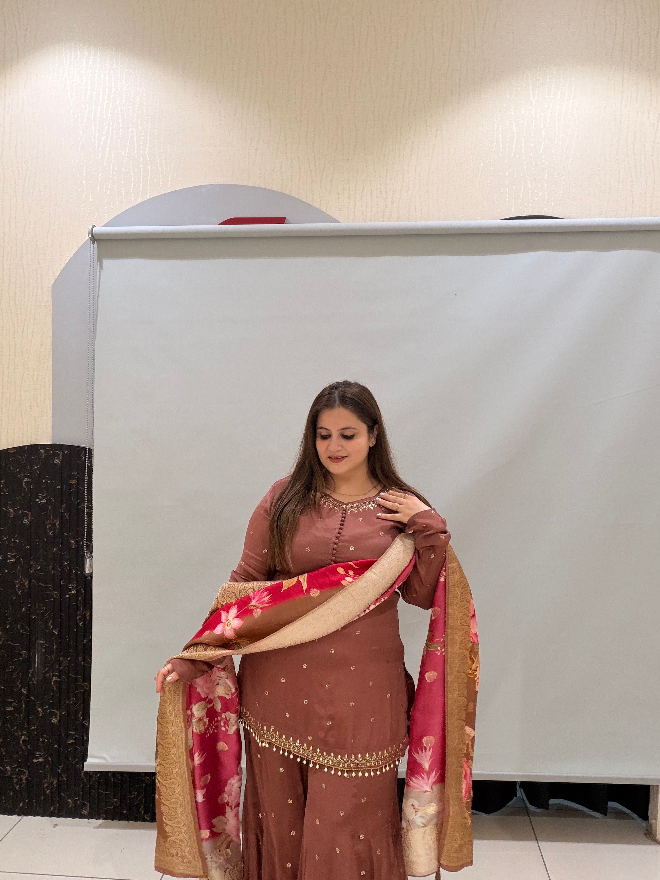 Brown Embroidered Sharara Suit with Floral Dupatta (M–XXL)