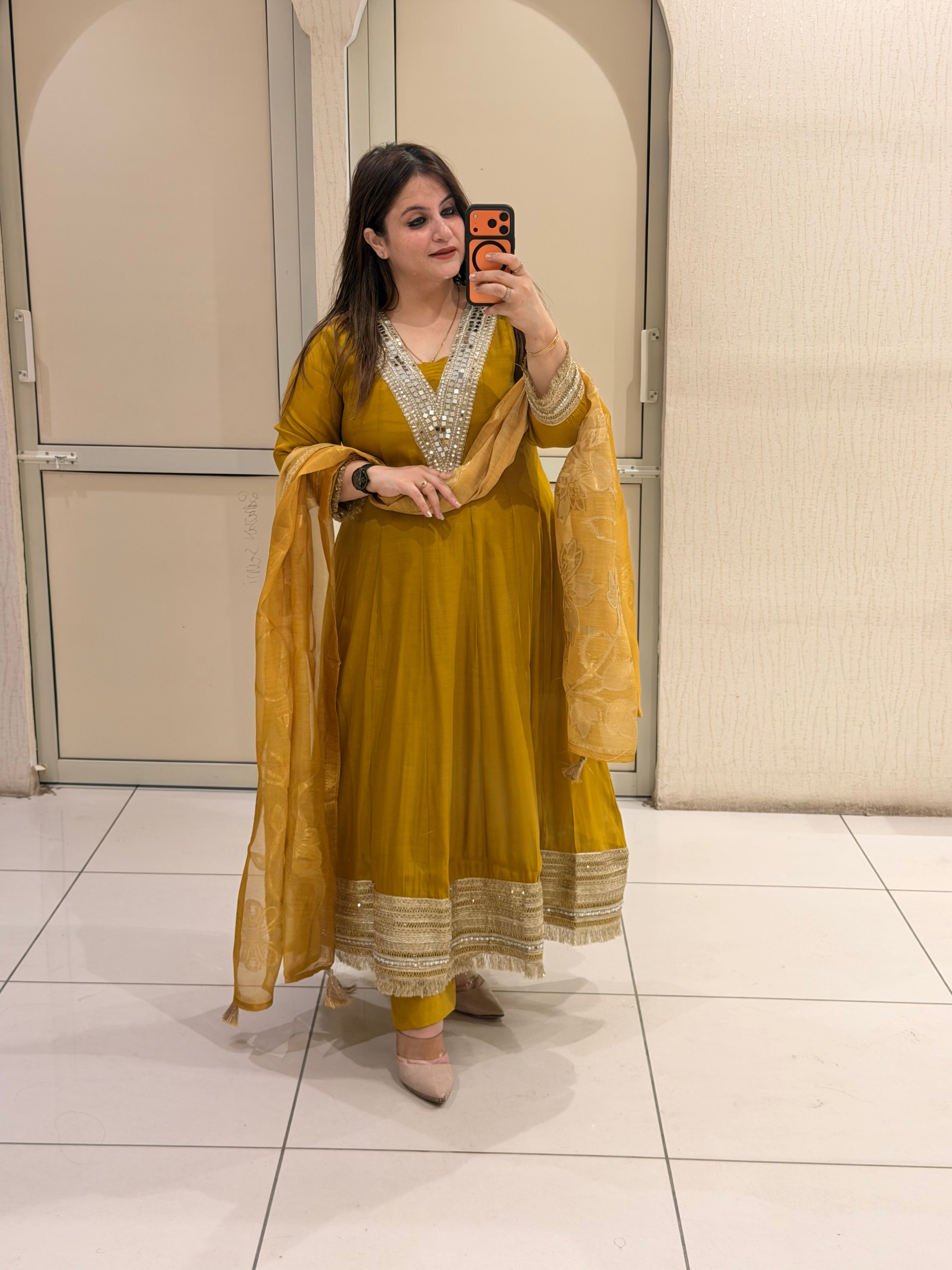 Premium Anarkali Suit Set with Organza Dupatta – Mustard Yellow