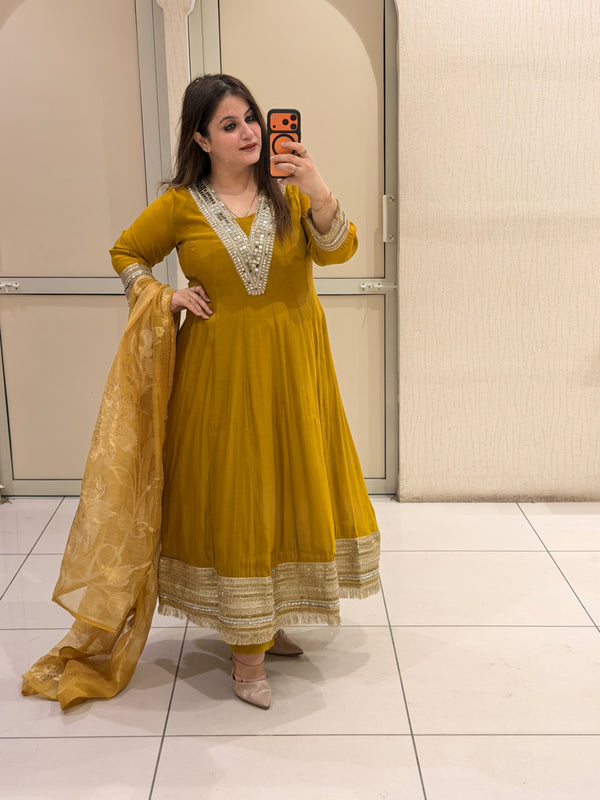 Premium Anarkali Suit Set with Organza Dupatta – Mustard Yellow