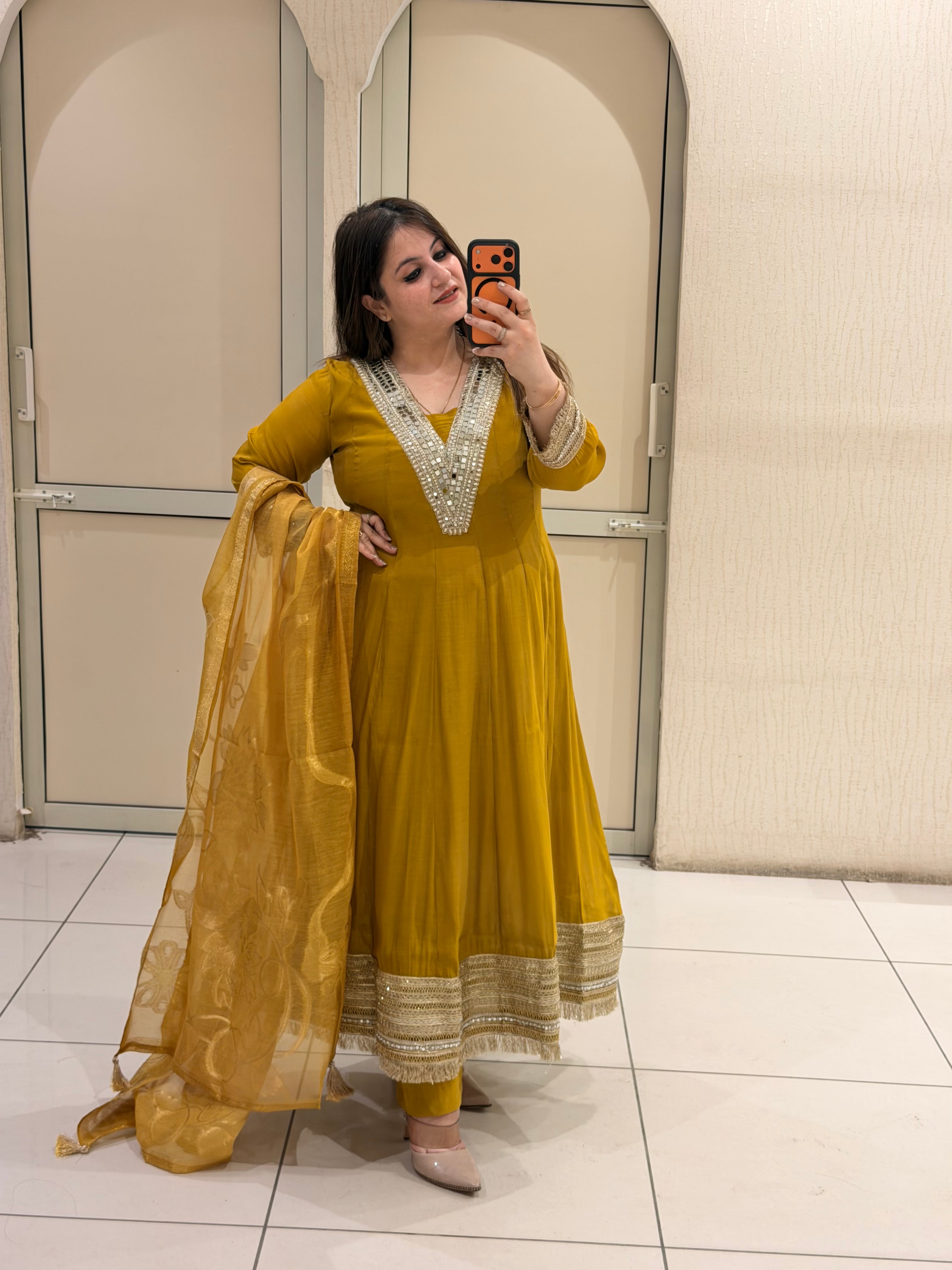 Premium Anarkali Suit Set with Organza Dupatta – Mustard Yellow