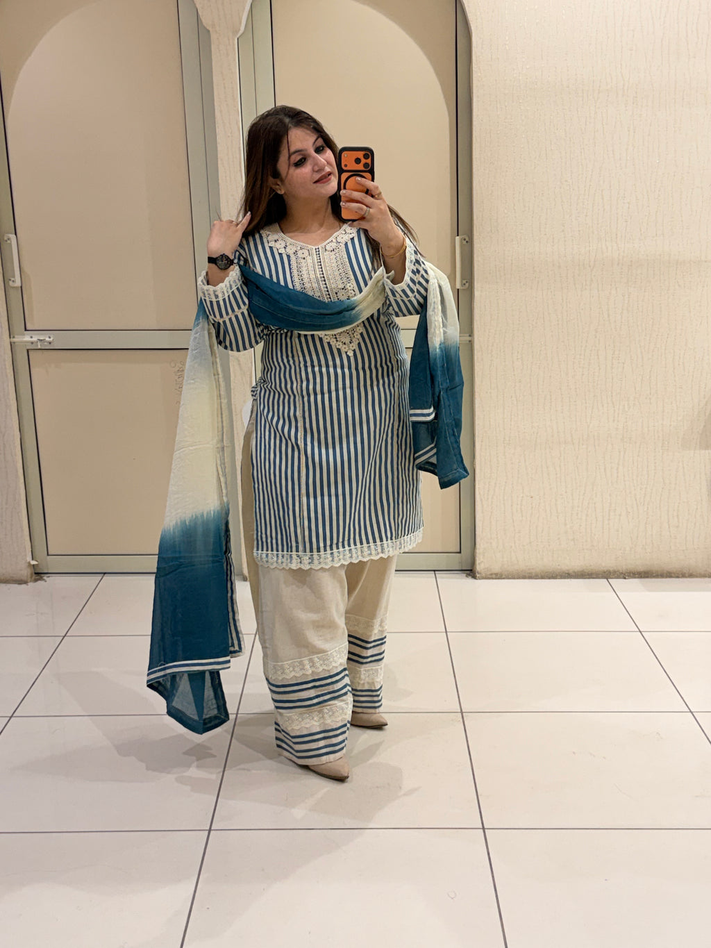 Women's Cotton Striped Farsi Suit Set with Ombre Dupatta