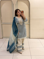 Women's Cotton Striped Farsi Suit Set with Ombre Dupatta