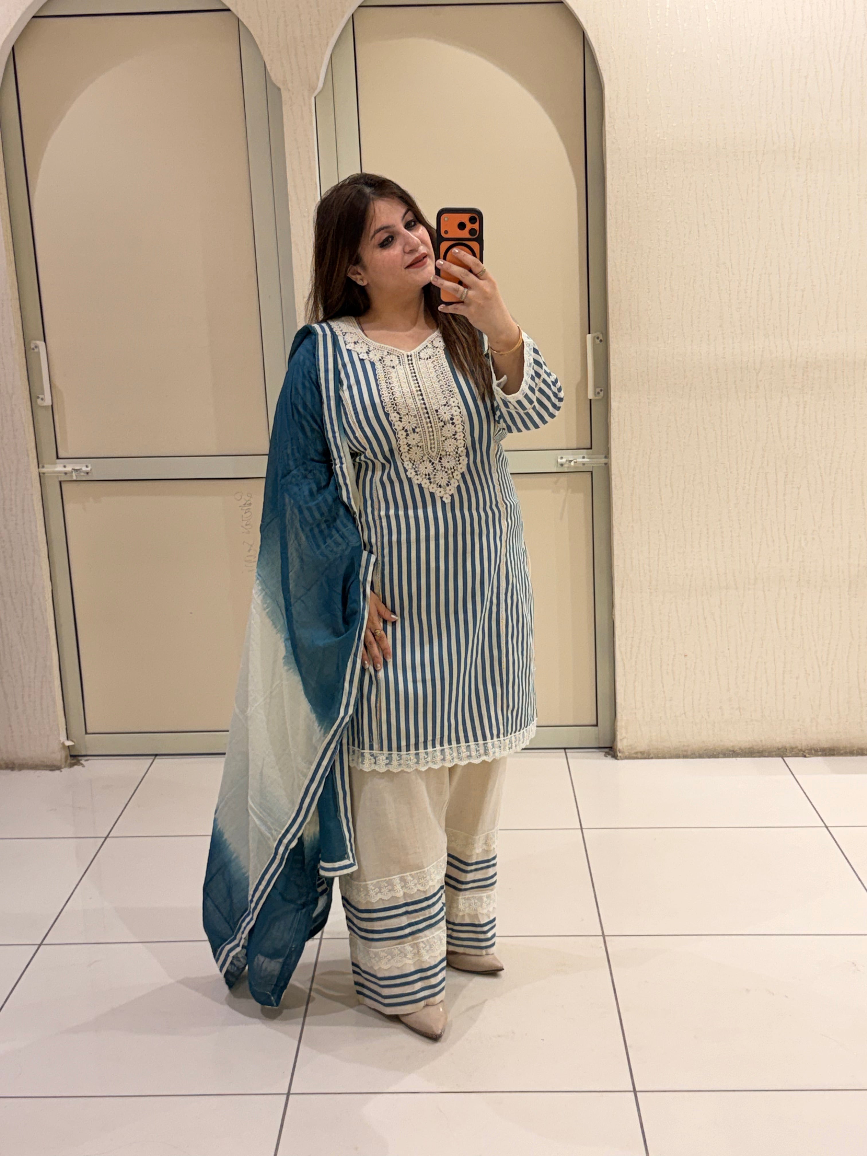 Women's Cotton Striped Farsi Suit Set with Ombre Dupatta