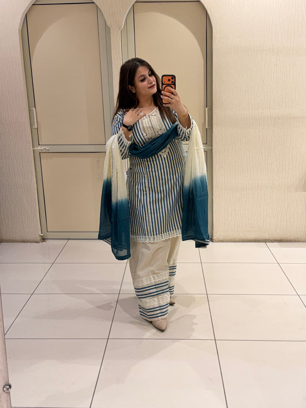 Women's Cotton Striped Farsi Suit Set with Ombre Dupatta