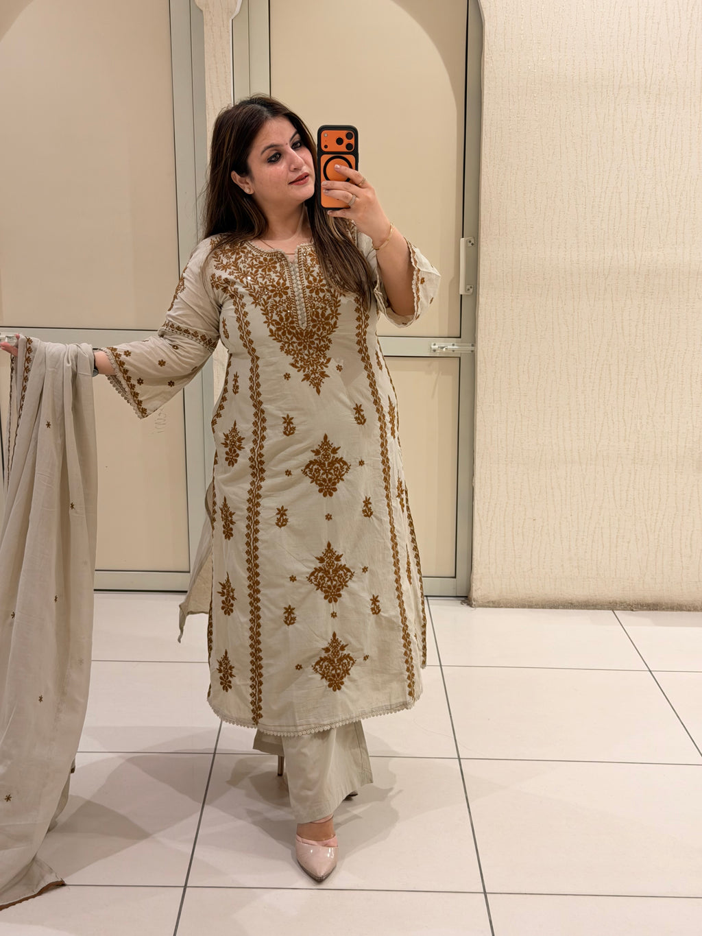 Pure Cotton Embroidered Kurta Pant Set with Dupatta – Beige