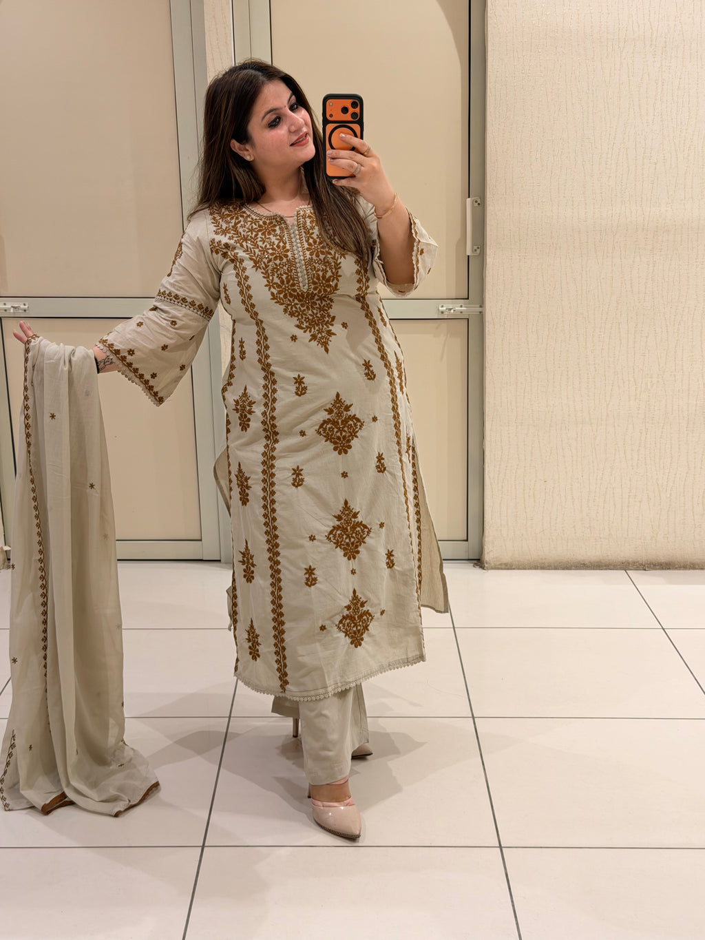 Pure Cotton Embroidered Kurta Pant Set with Dupatta – Beige