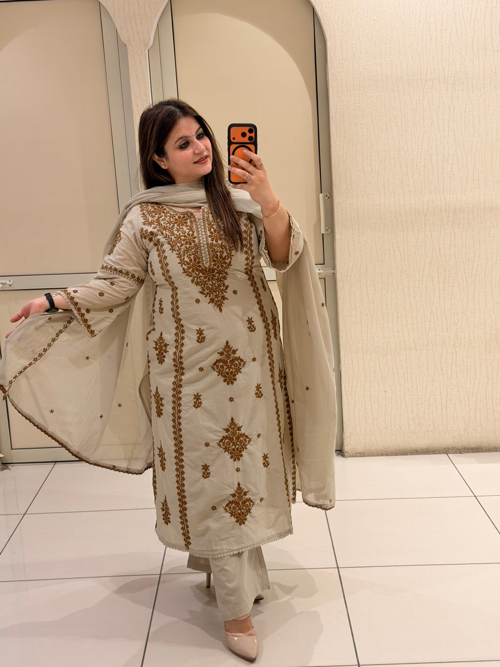 Pure Cotton Embroidered Kurta Pant Set with Dupatta – Beige