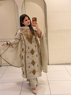 Pure Cotton Embroidered Kurta Pant Set with Dupatta – Beige