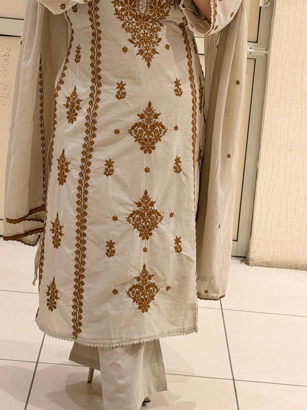 Pure Cotton Embroidered Kurta Pant Set with Dupatta – Beige