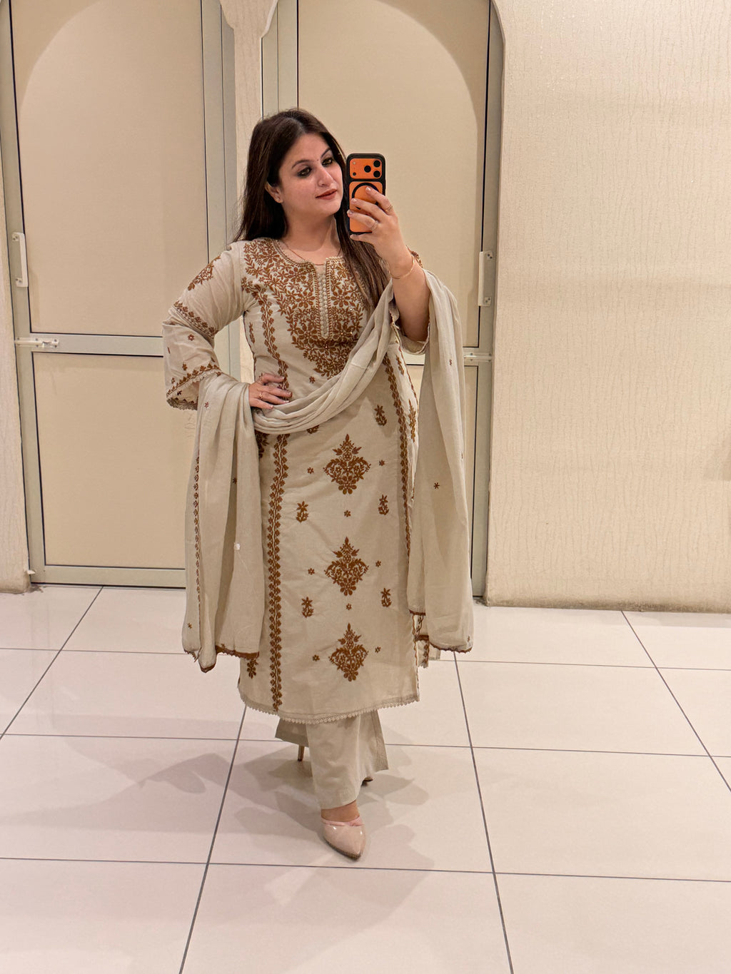 Pure Cotton Embroidered Kurta Pant Set with Dupatta – Beige