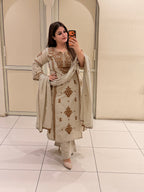 Pure Cotton Embroidered Kurta Pant Set with Dupatta – Beige
