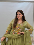 Olive Green Mul Chanderi Cotton Embroidered Suit Set with Dupatta