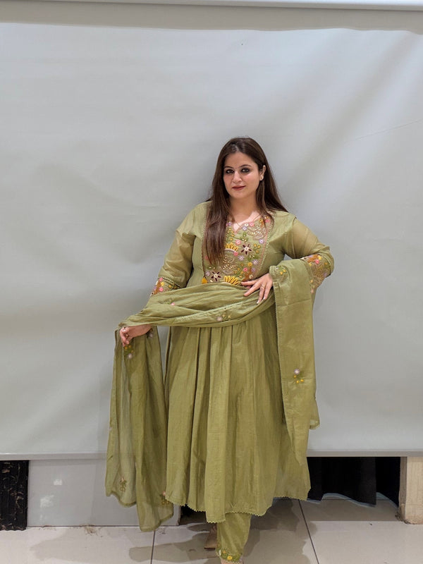 Olive Green Mul Chanderi Cotton Embroidered Suit Set with Dupatta