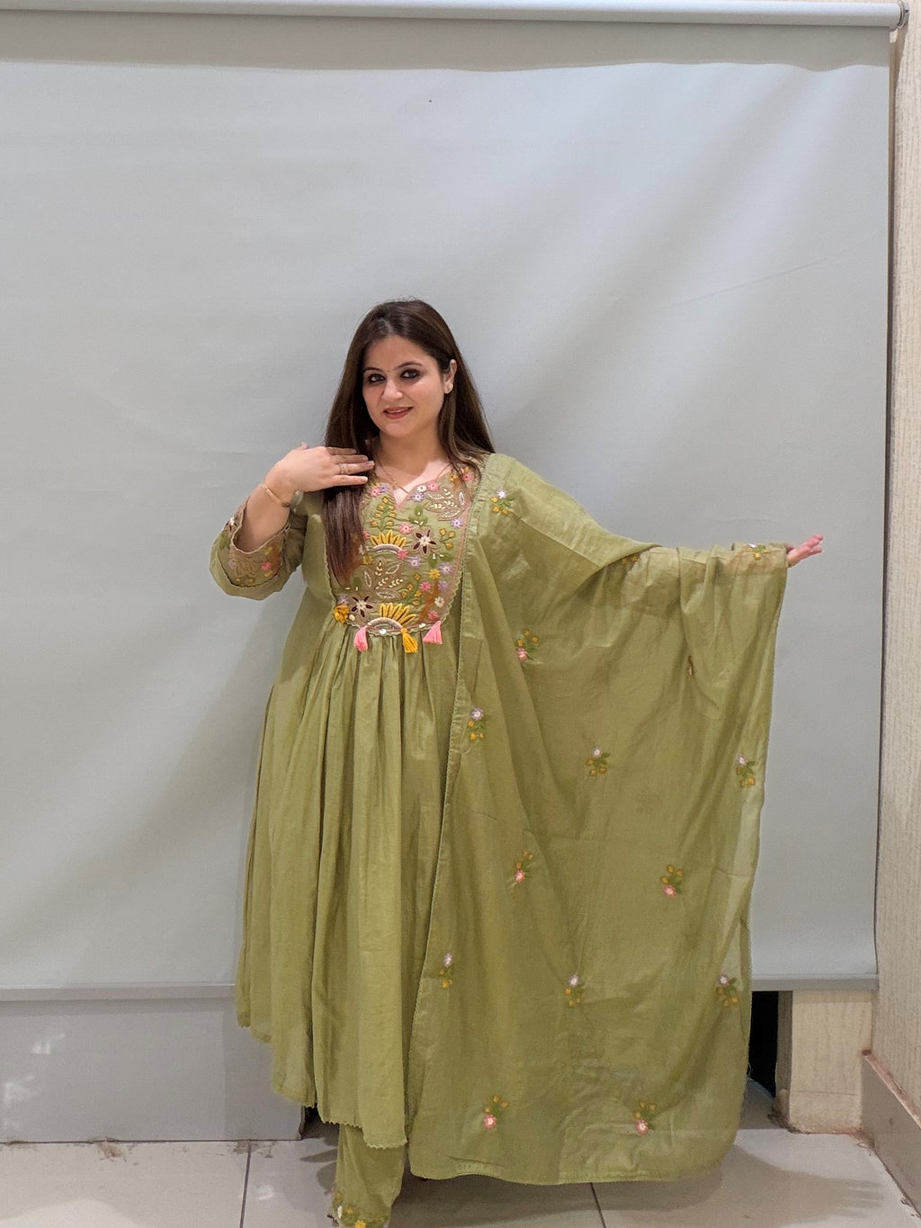 Olive Green Mul Chanderi Cotton Embroidered Suit Set with Dupatta