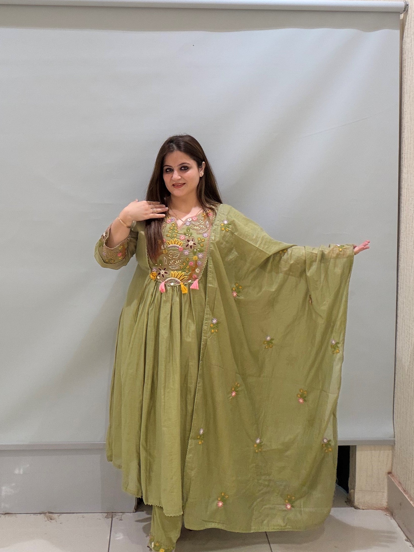 Olive Green Mul Chanderi Cotton Embroidered Suit Set with Dupatta