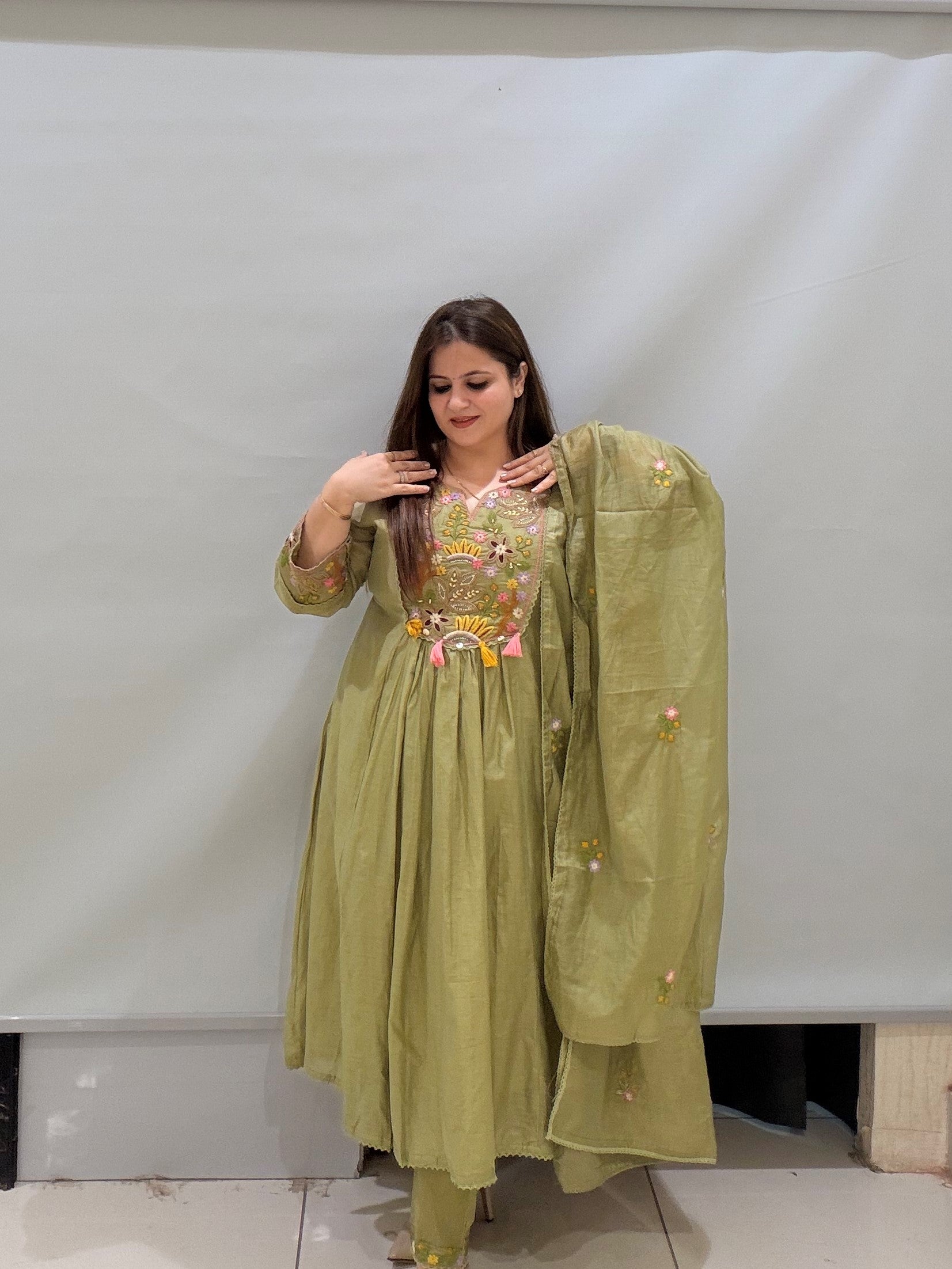 Olive Green Mul Chanderi Cotton Embroidered Suit Set with Dupatta