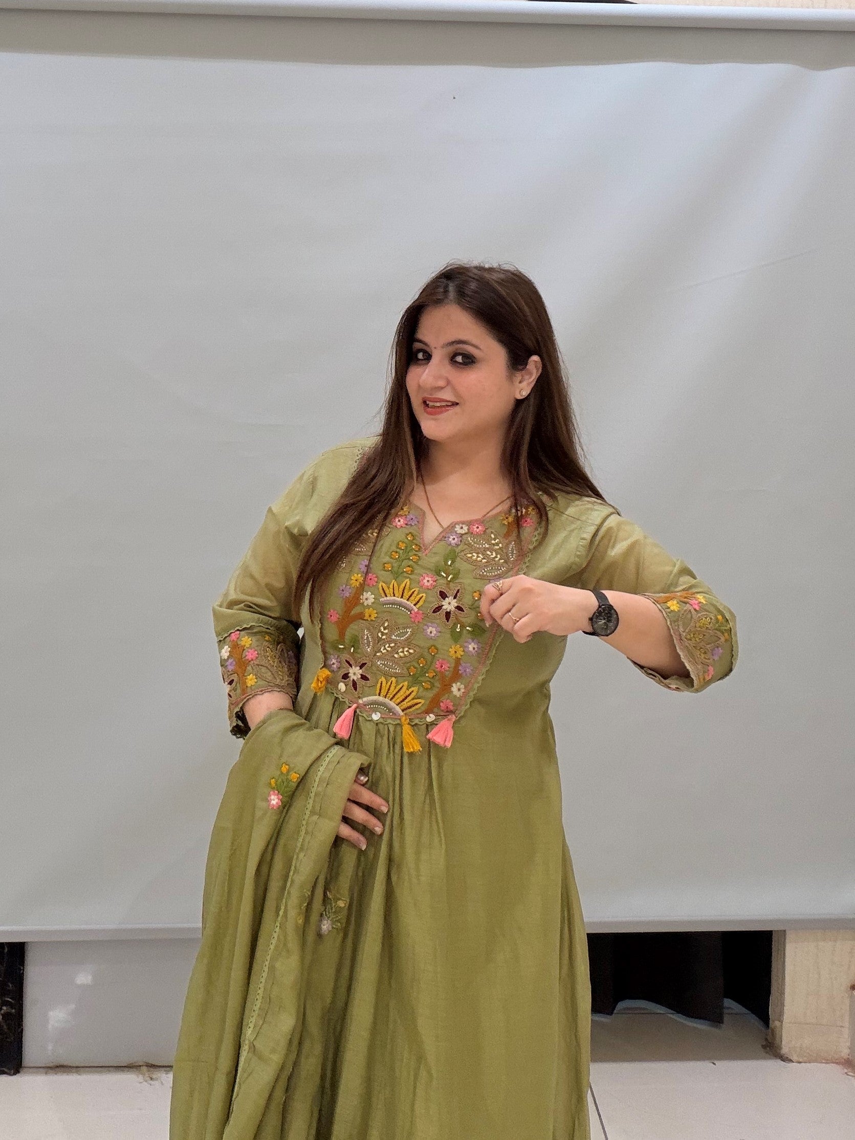 Olive Green Mul Chanderi Cotton Embroidered Suit Set with Dupatta