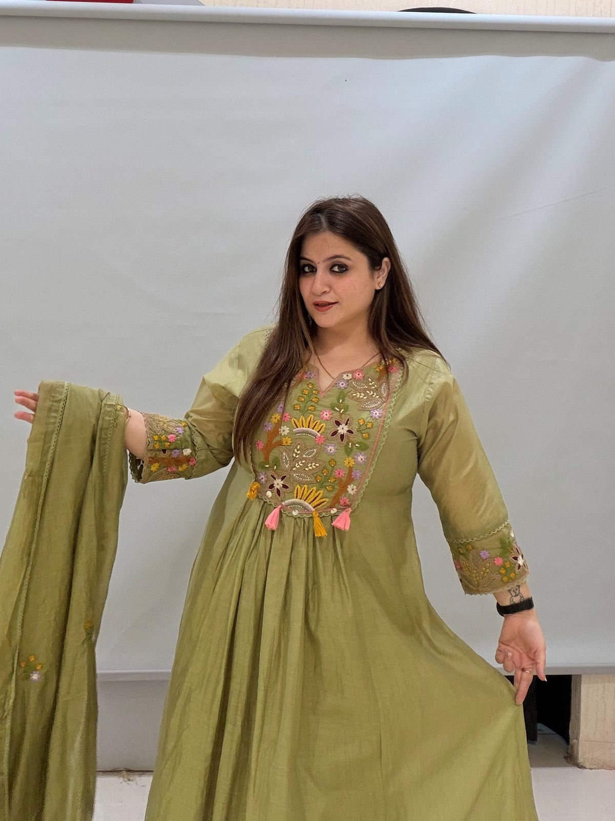 Olive Green Mul Chanderi Cotton Embroidered Suit Set with Dupatta