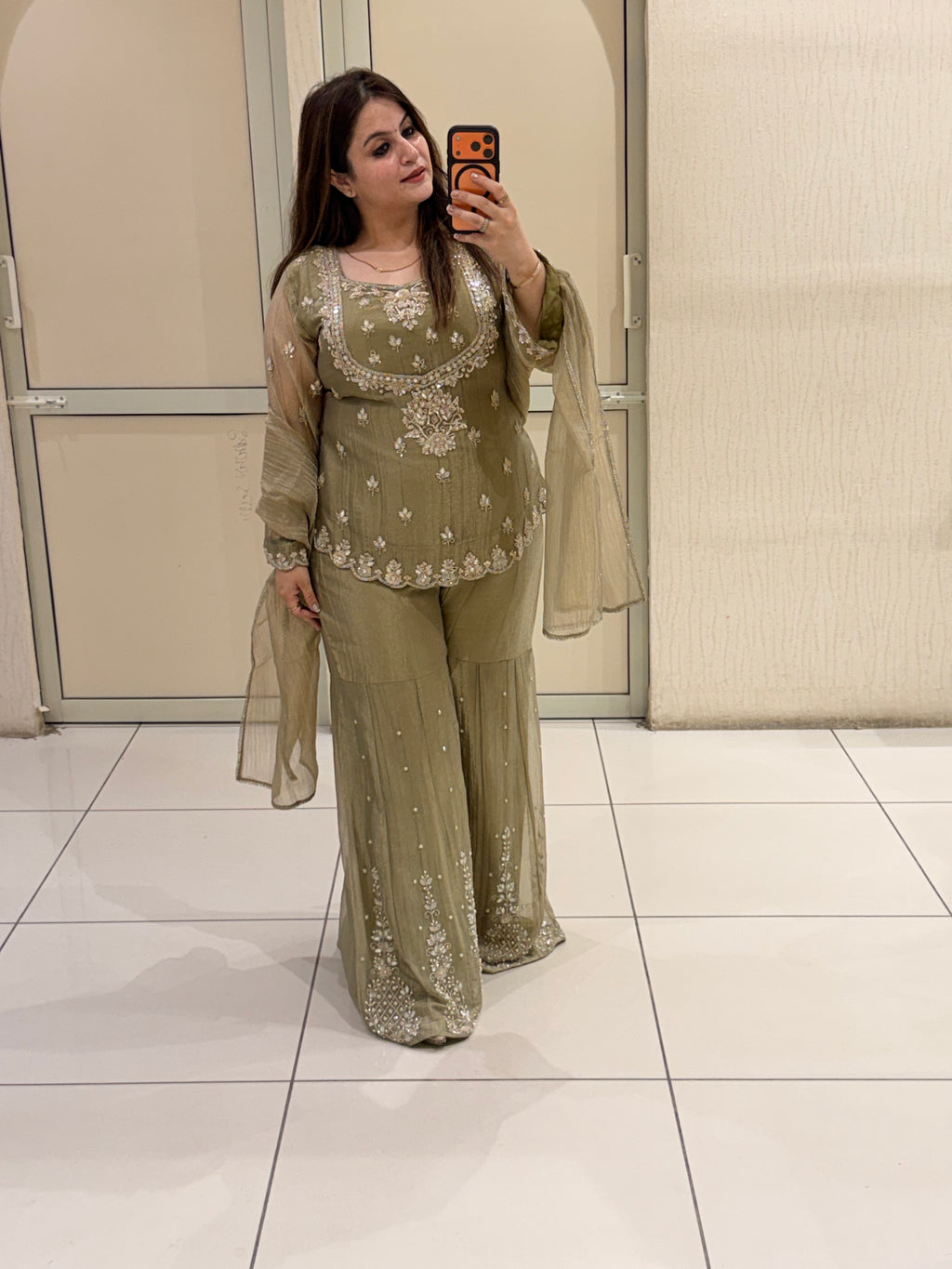 Olive Grey Handwork Designer Sharara Suit Set with Dupatta