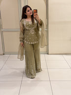 Olive Grey Handwork Designer Sharara Suit Set with Dupatta