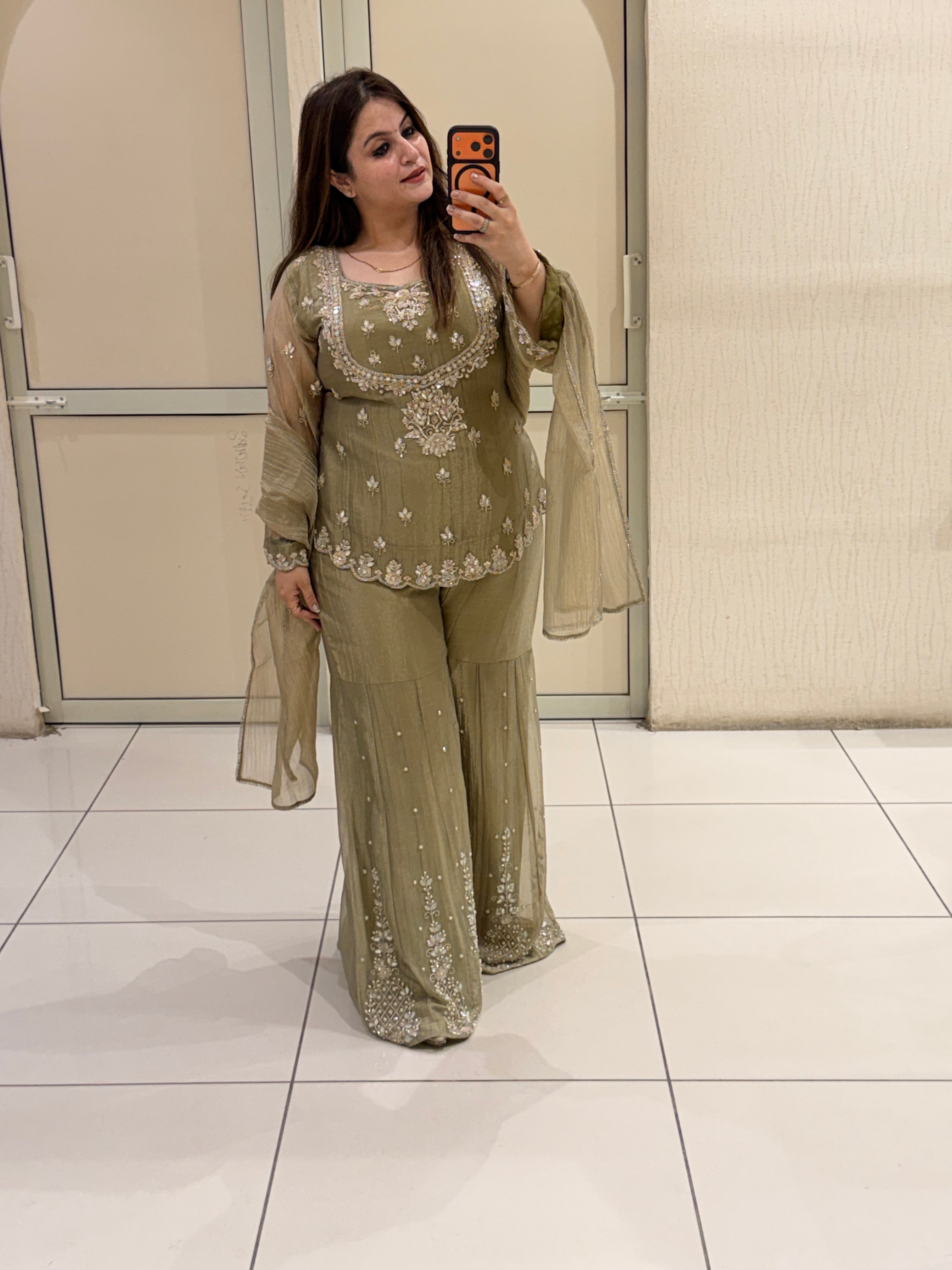 Olive Grey Handwork Designer Sharara Suit Set with Dupatta