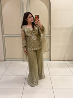 Olive Grey Handwork Designer Sharara Suit Set with Dupatta