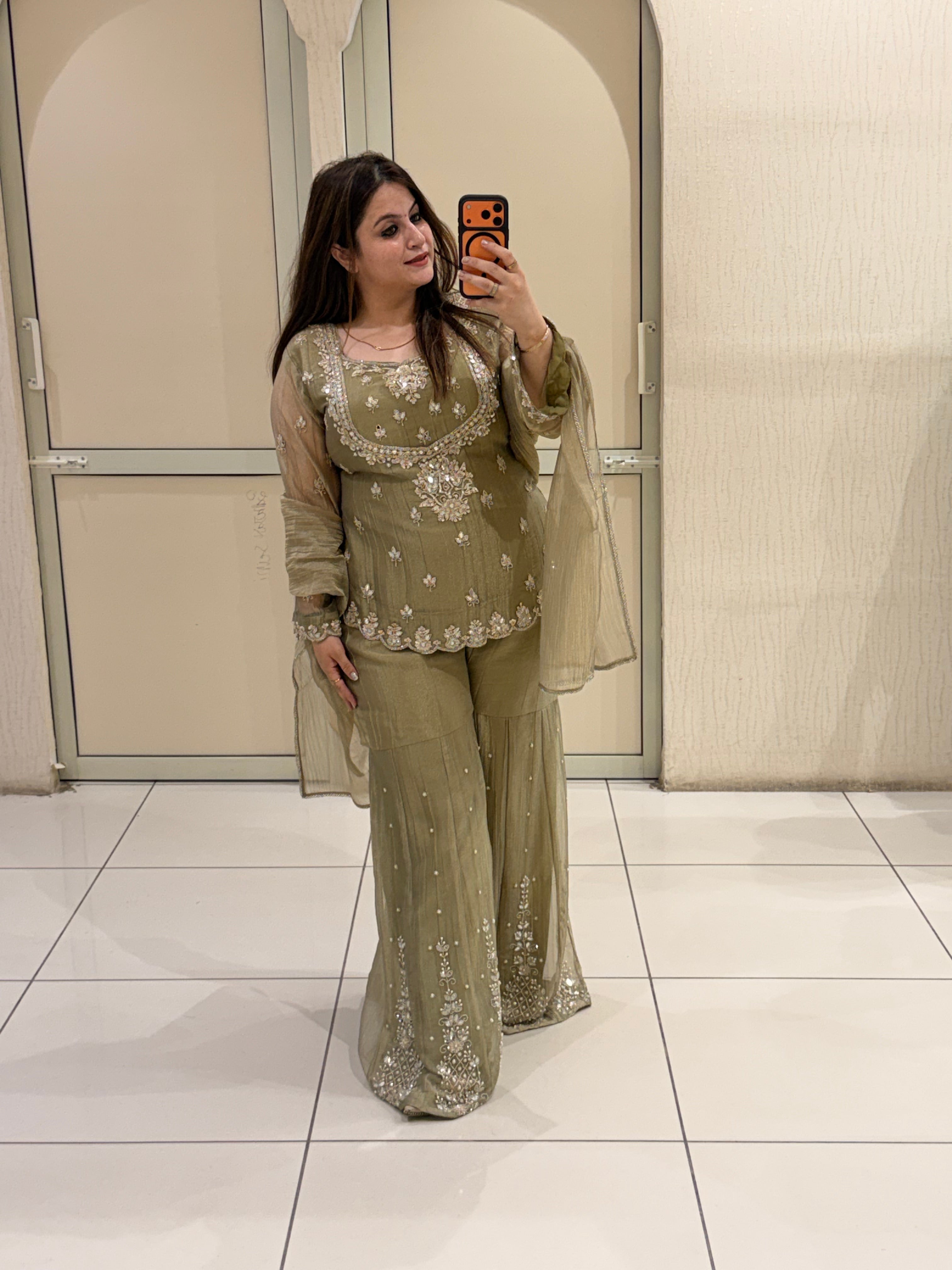 Olive Grey Handwork Designer Sharara Suit Set with Dupatta