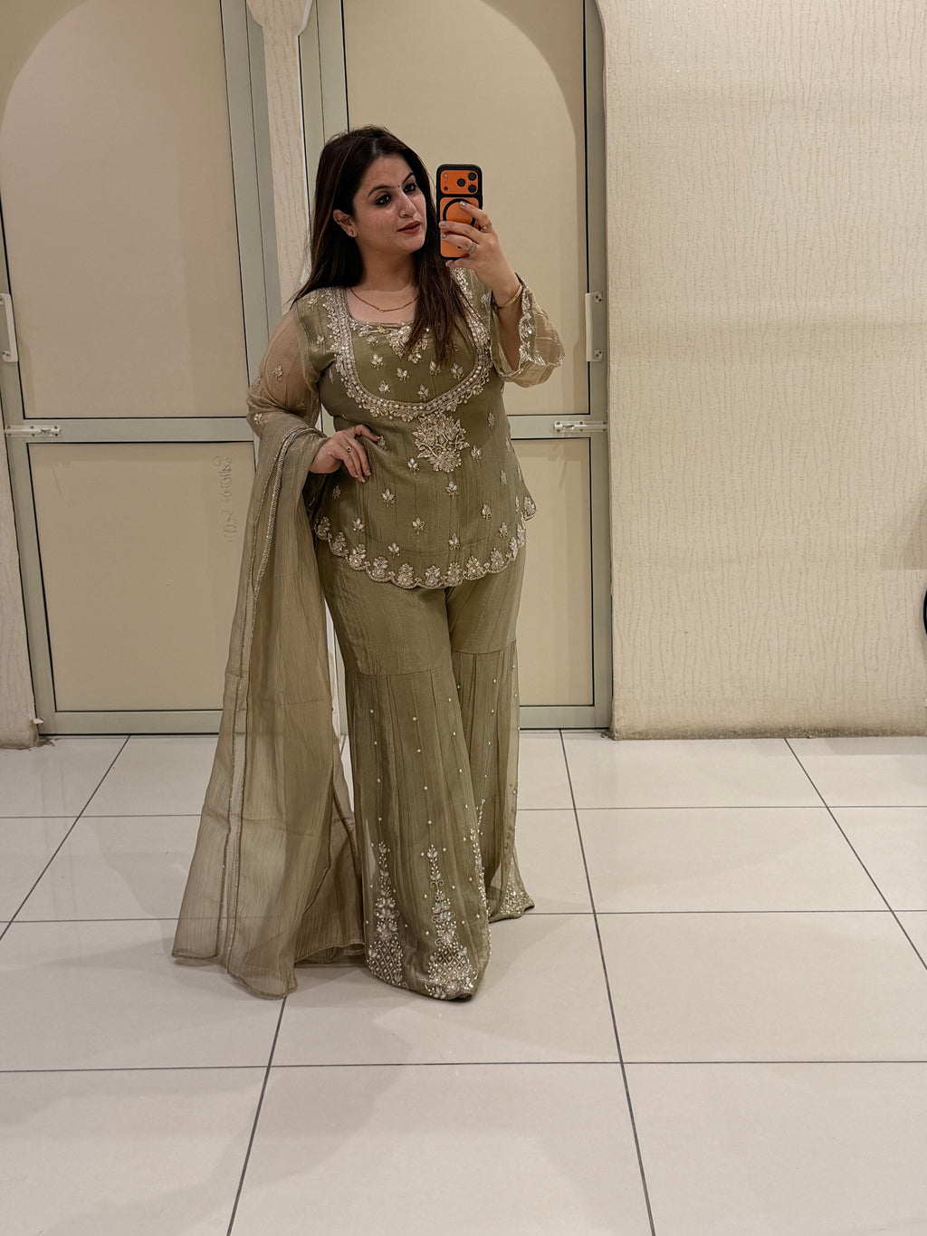Olive Grey Handwork Designer Sharara Suit Set with Dupatta