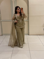 Olive Grey Handwork Designer Sharara Suit Set with Dupatta