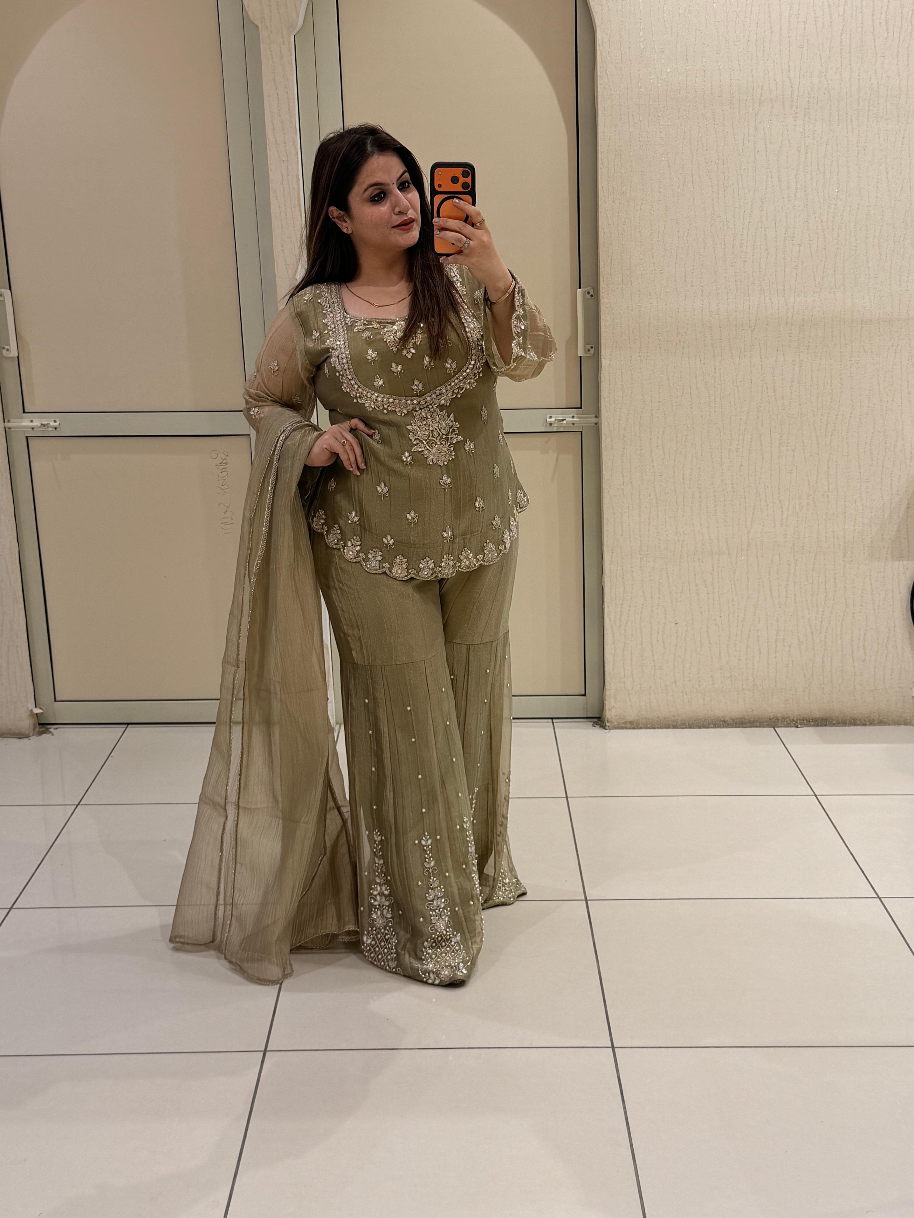 Olive Grey Handwork Designer Sharara Suit Set with Dupatta