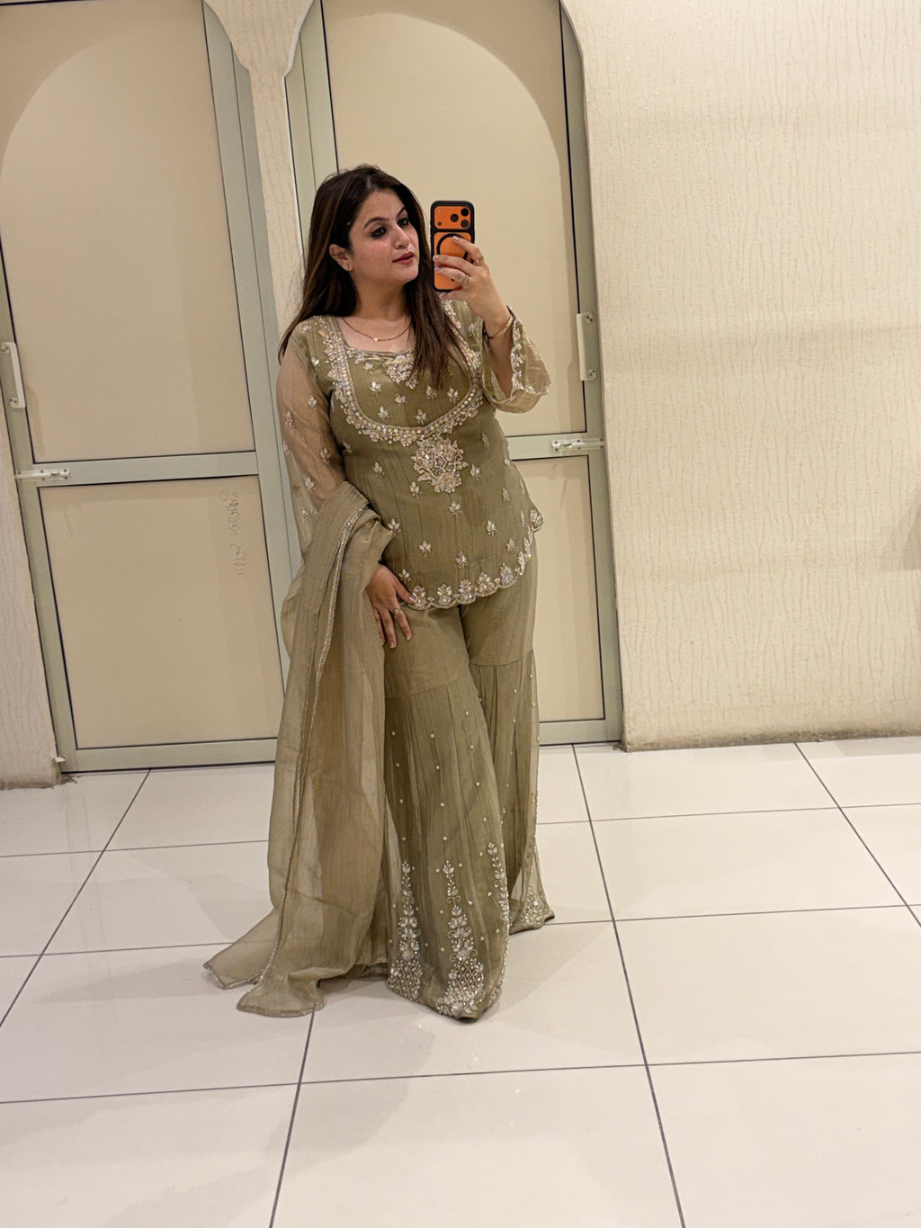 Olive Grey Handwork Designer Sharara Suit Set with Dupatta