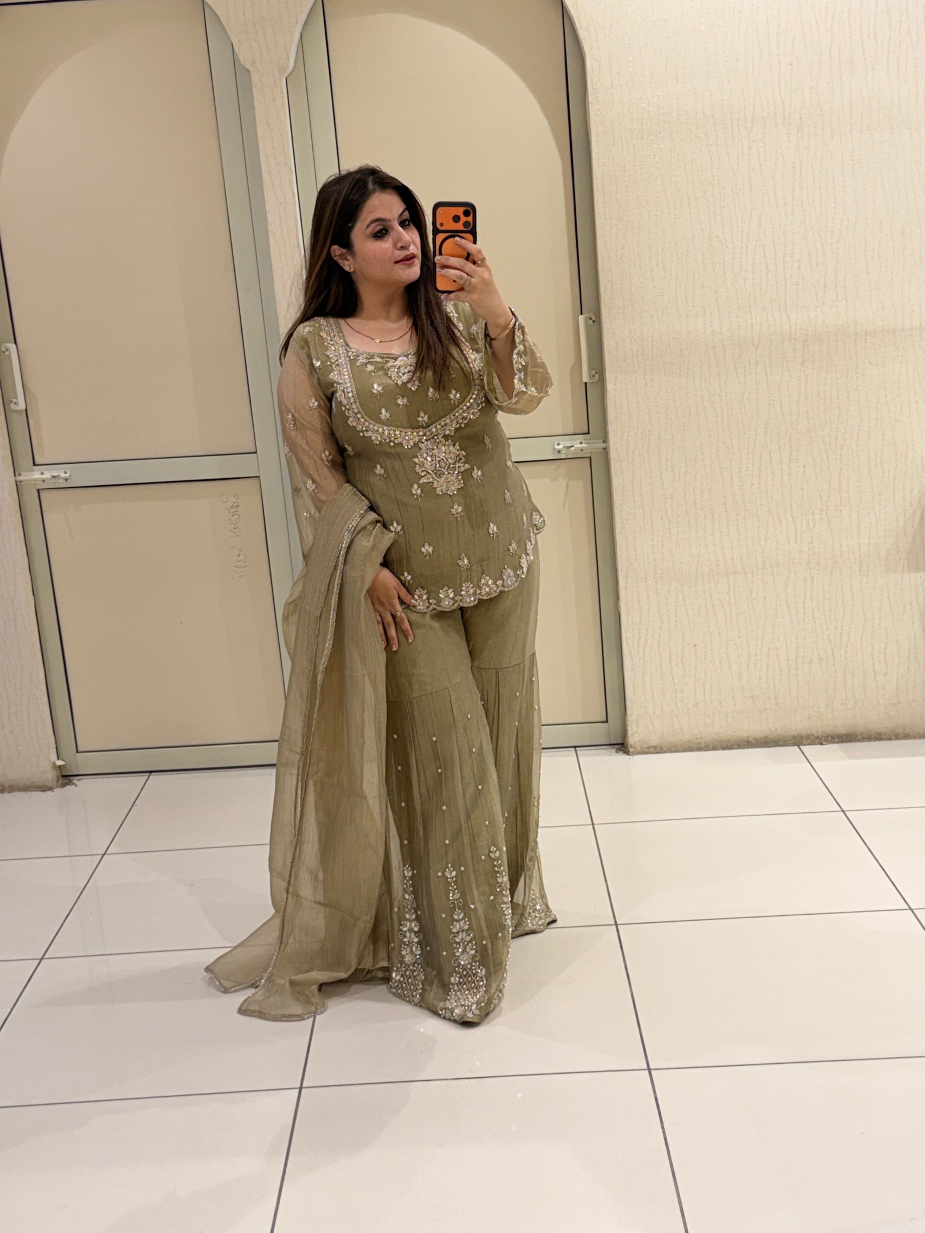 Olive Grey Handwork Designer Sharara Suit Set with Dupatta