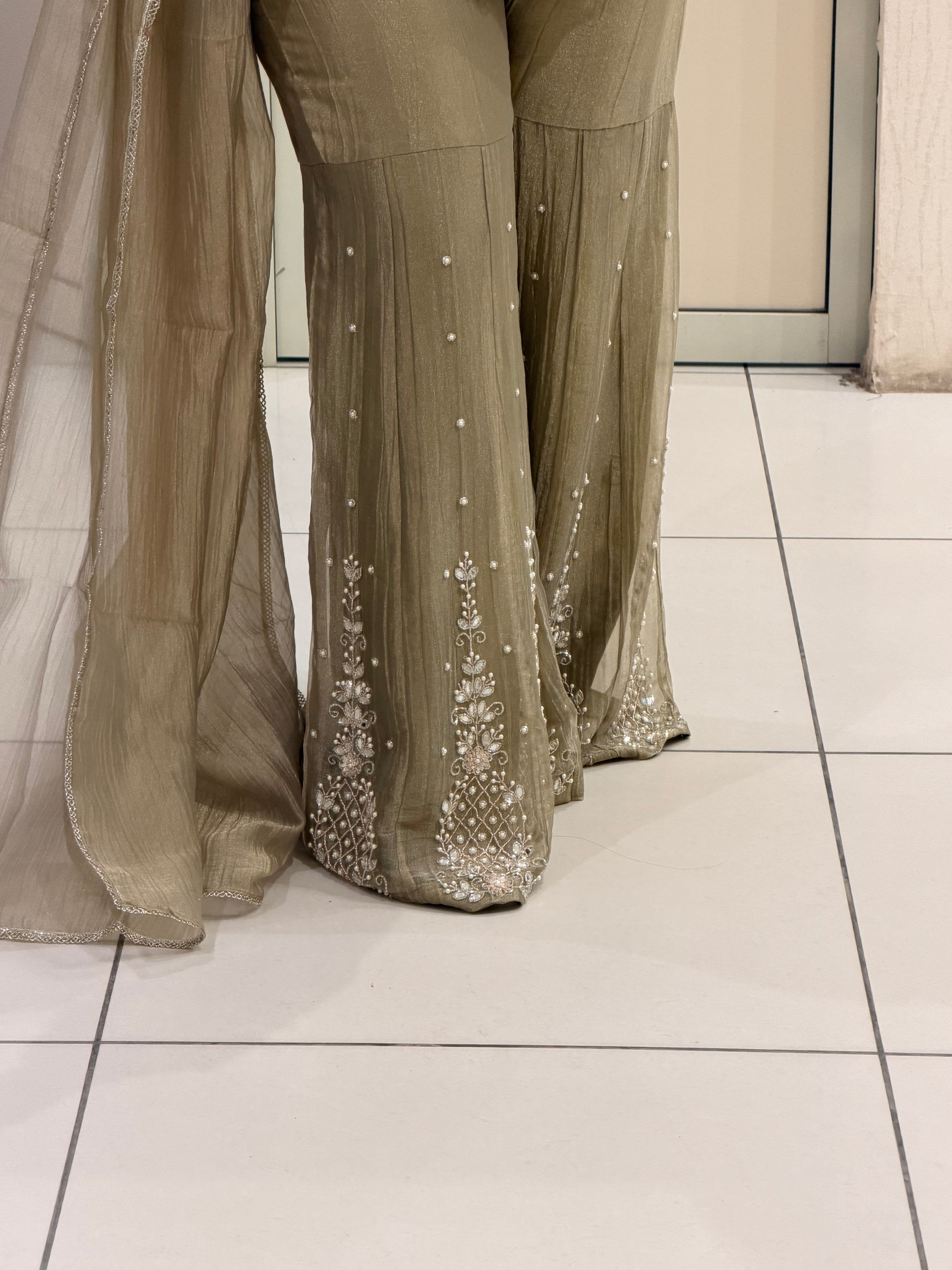 Olive Grey Handwork Designer Sharara Suit Set with Dupatta