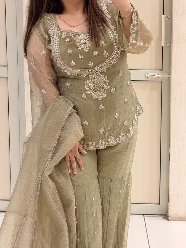 Olive Grey Handwork Designer Sharara Suit Set with Dupatta