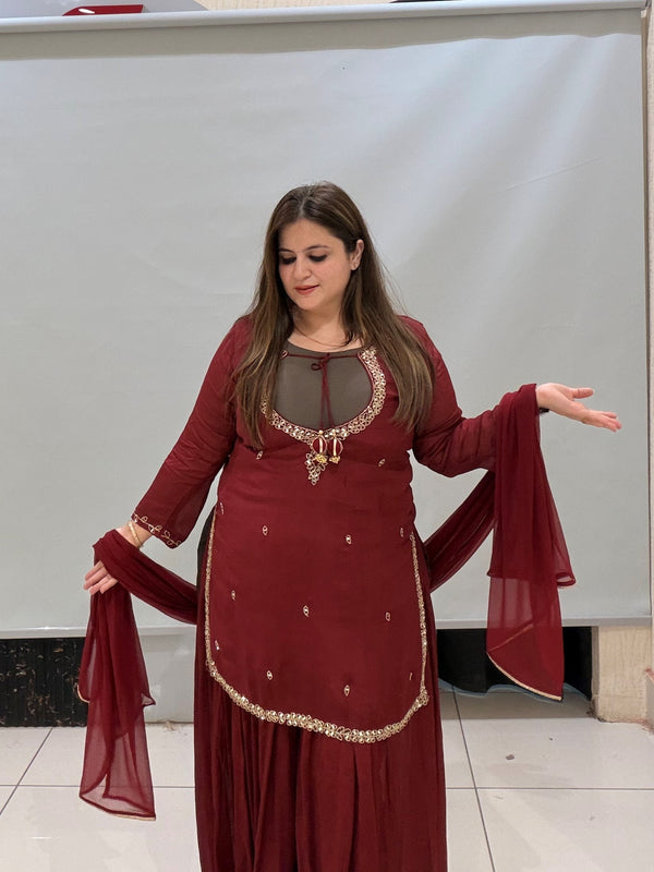 Maroon Pure Fabric Bustier Sharara Suit Set with Dupatta