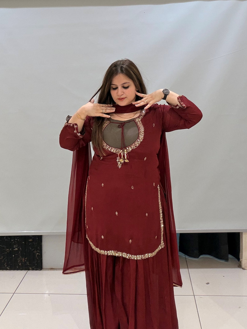 Maroon Pure Fabric Bustier Sharara Suit Set with Dupatta