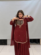 Maroon Pure Fabric Bustier Sharara Suit Set with Dupatta