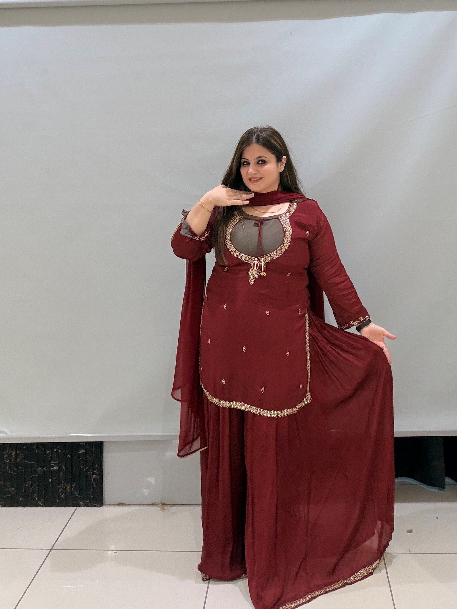 Maroon Pure Fabric Bustier Sharara Suit Set with Dupatta