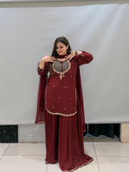 Maroon Pure Fabric Bustier Sharara Suit Set with Dupatta