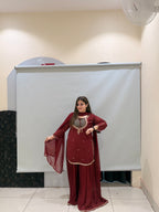 Maroon Pure Fabric Bustier Sharara Suit Set with Dupatta