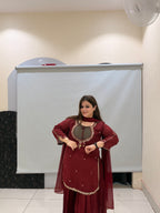 Maroon Pure Fabric Bustier Sharara Suit Set with Dupatta