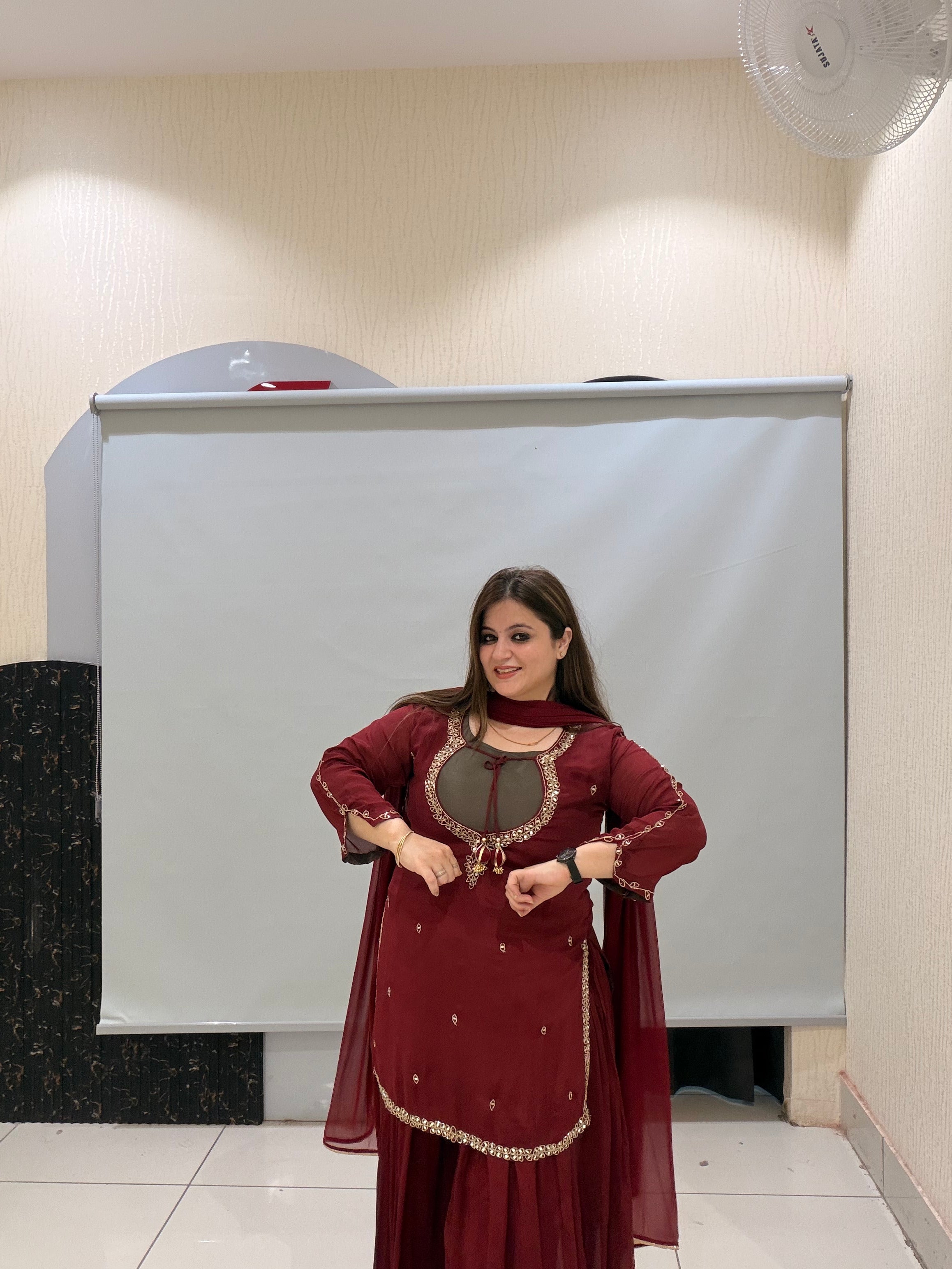 Maroon Pure Fabric Bustier Sharara Suit Set with Dupatta