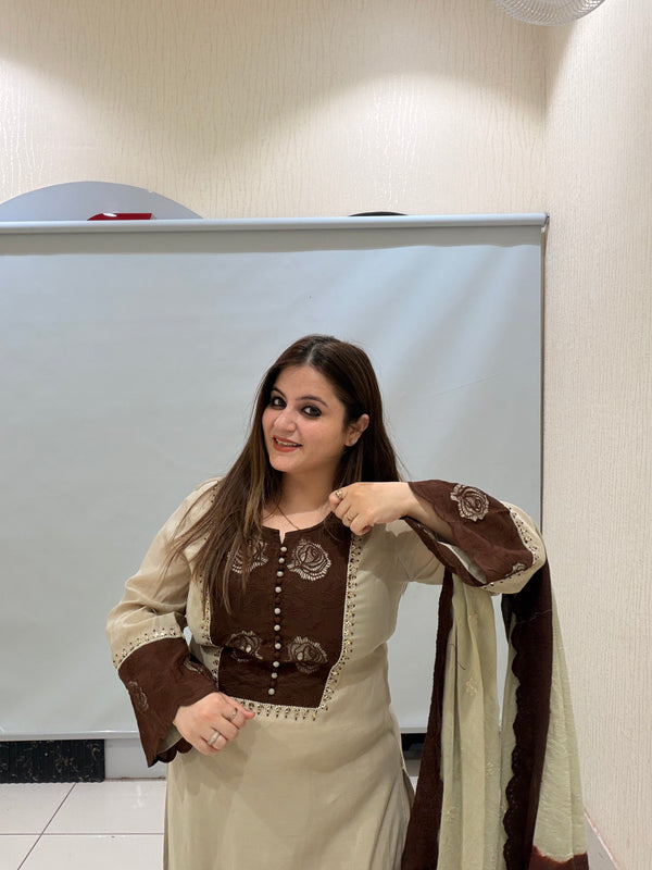 Beige & Brown Embroidered Pakistani Suit (M–XXL)