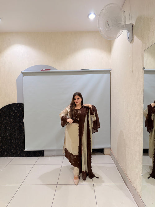 Beige & Brown Embroidered Pakistani Suit (M–XXL)