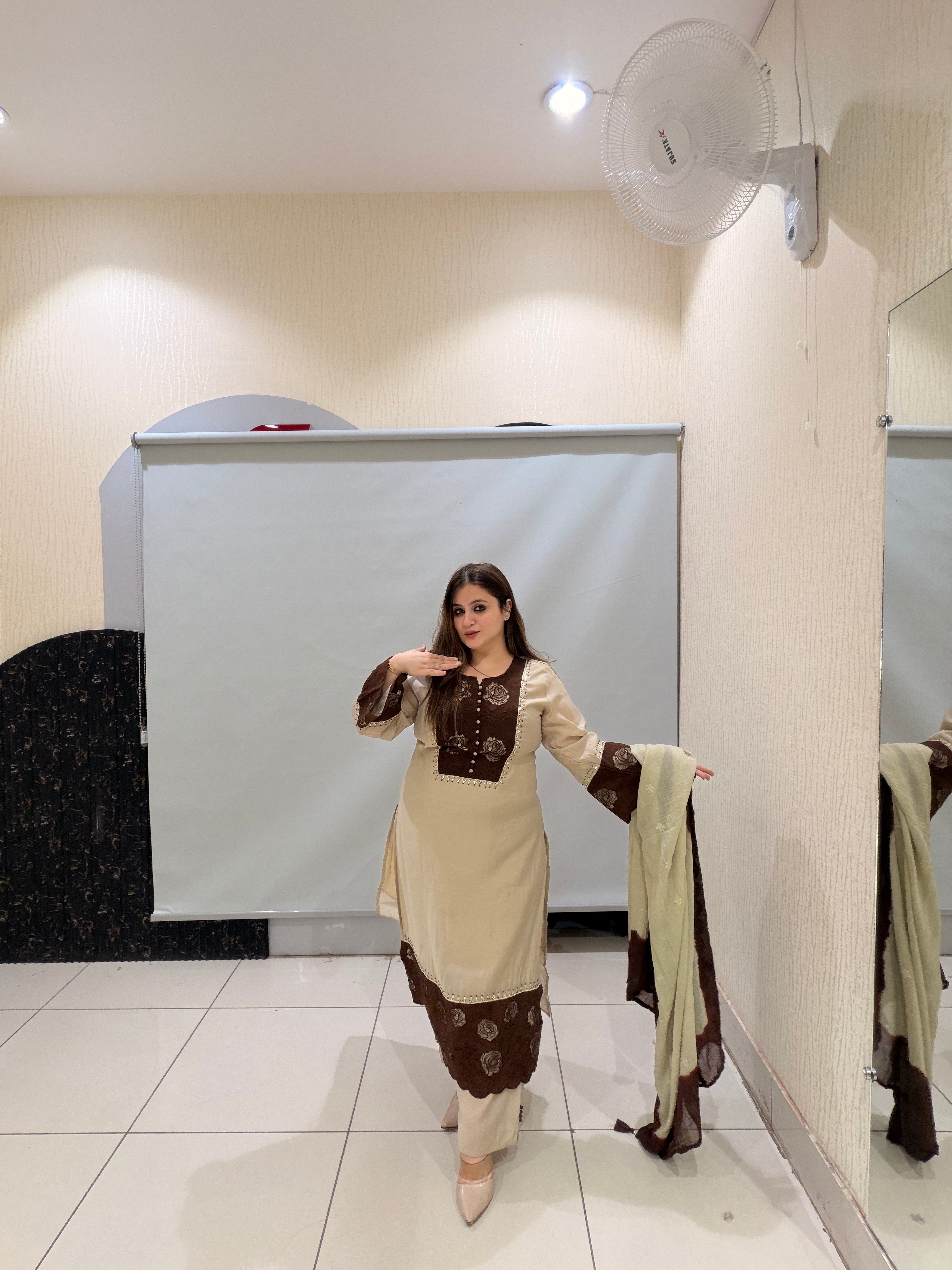 Beige & Brown Embroidered Pakistani Suit (M–XXL)