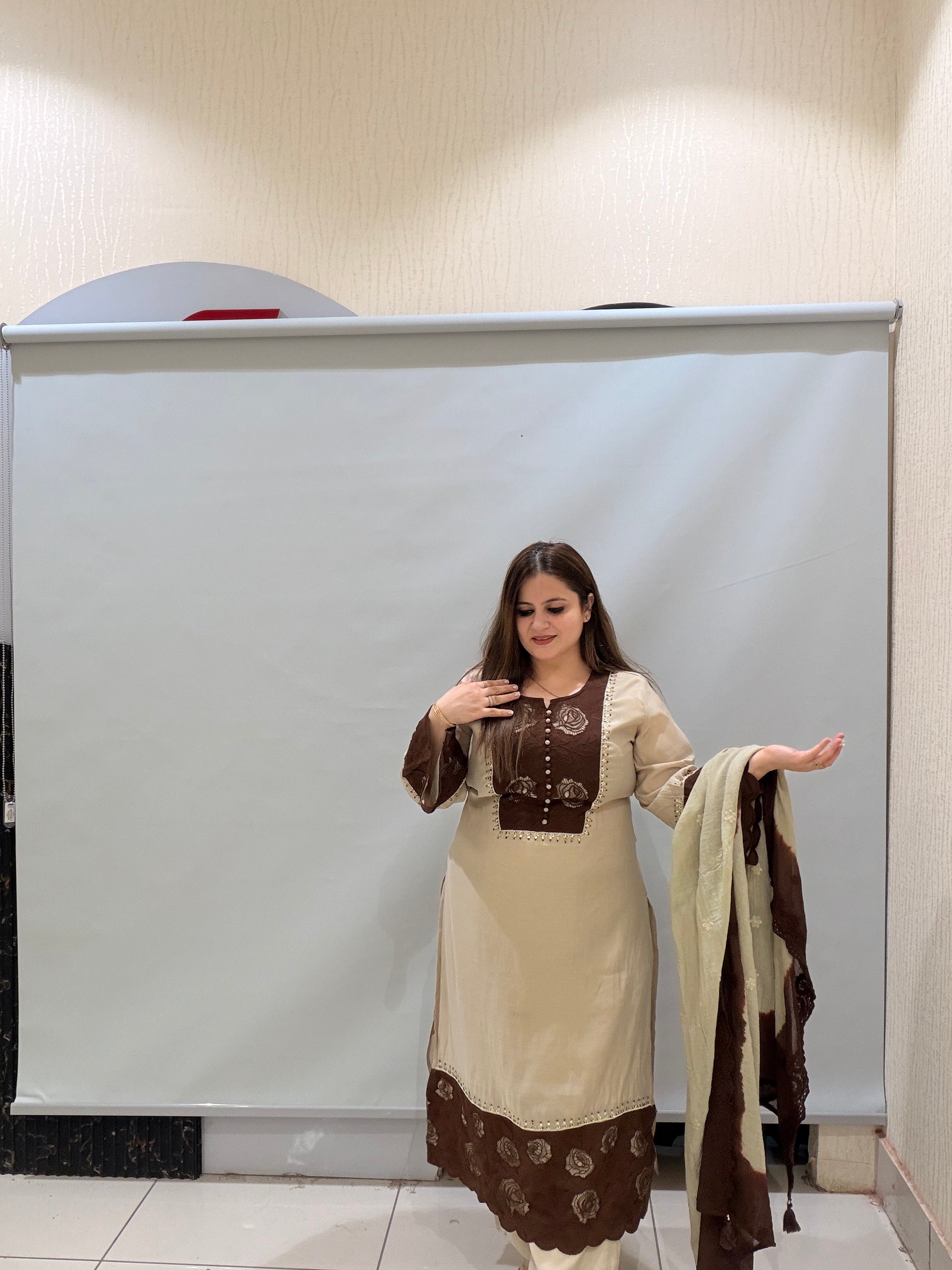 Beige & Brown Embroidered Pakistani Suit (M–XXL)