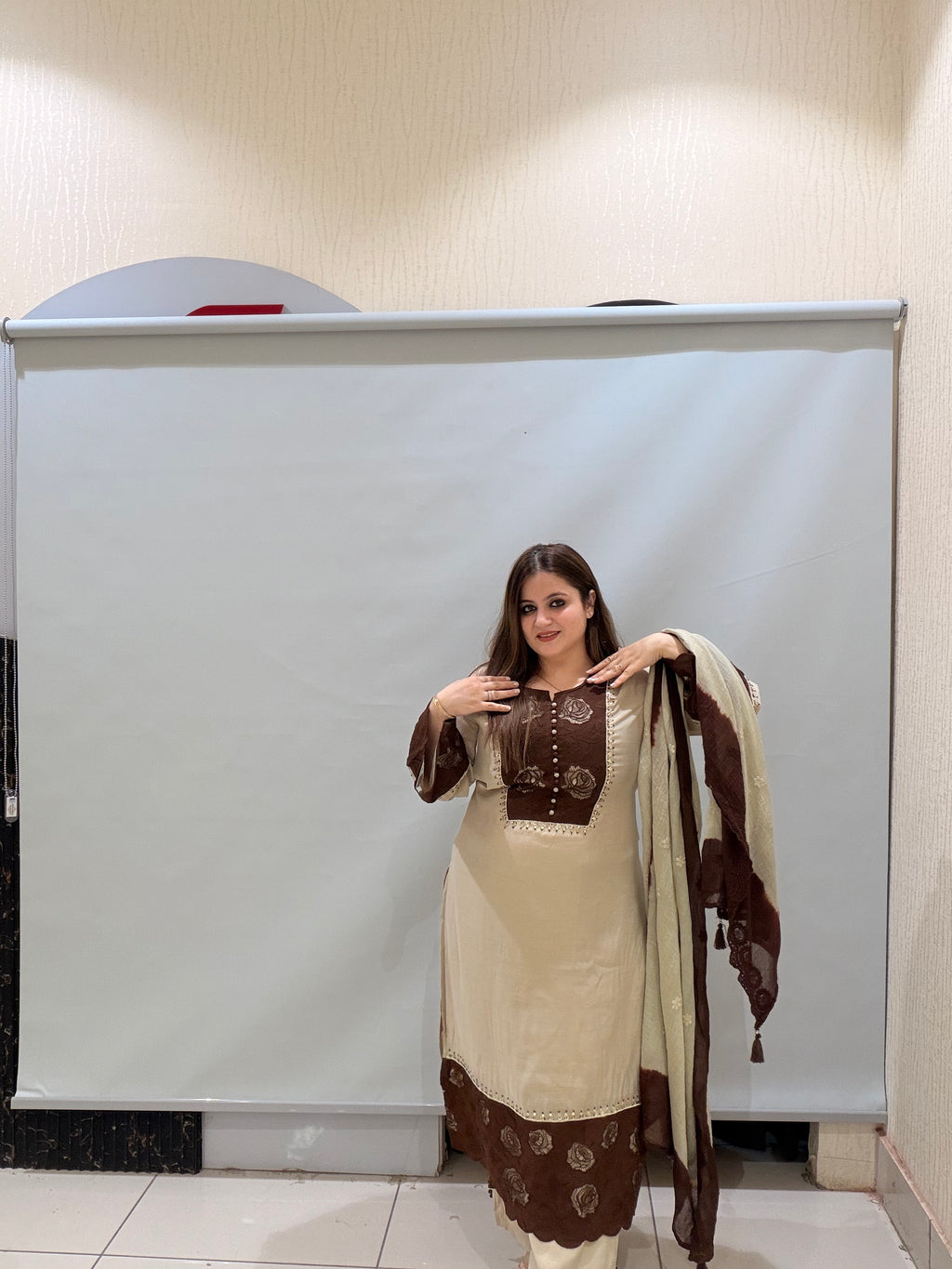 Beige & Brown Embroidered Pakistani Suit (M–XXL)