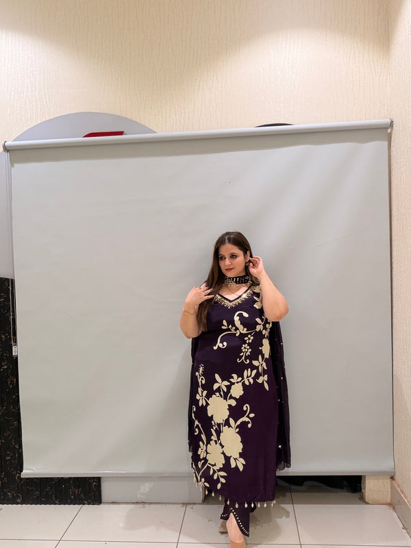 Dark Purple Floral Crepe Suit (M–XXL)