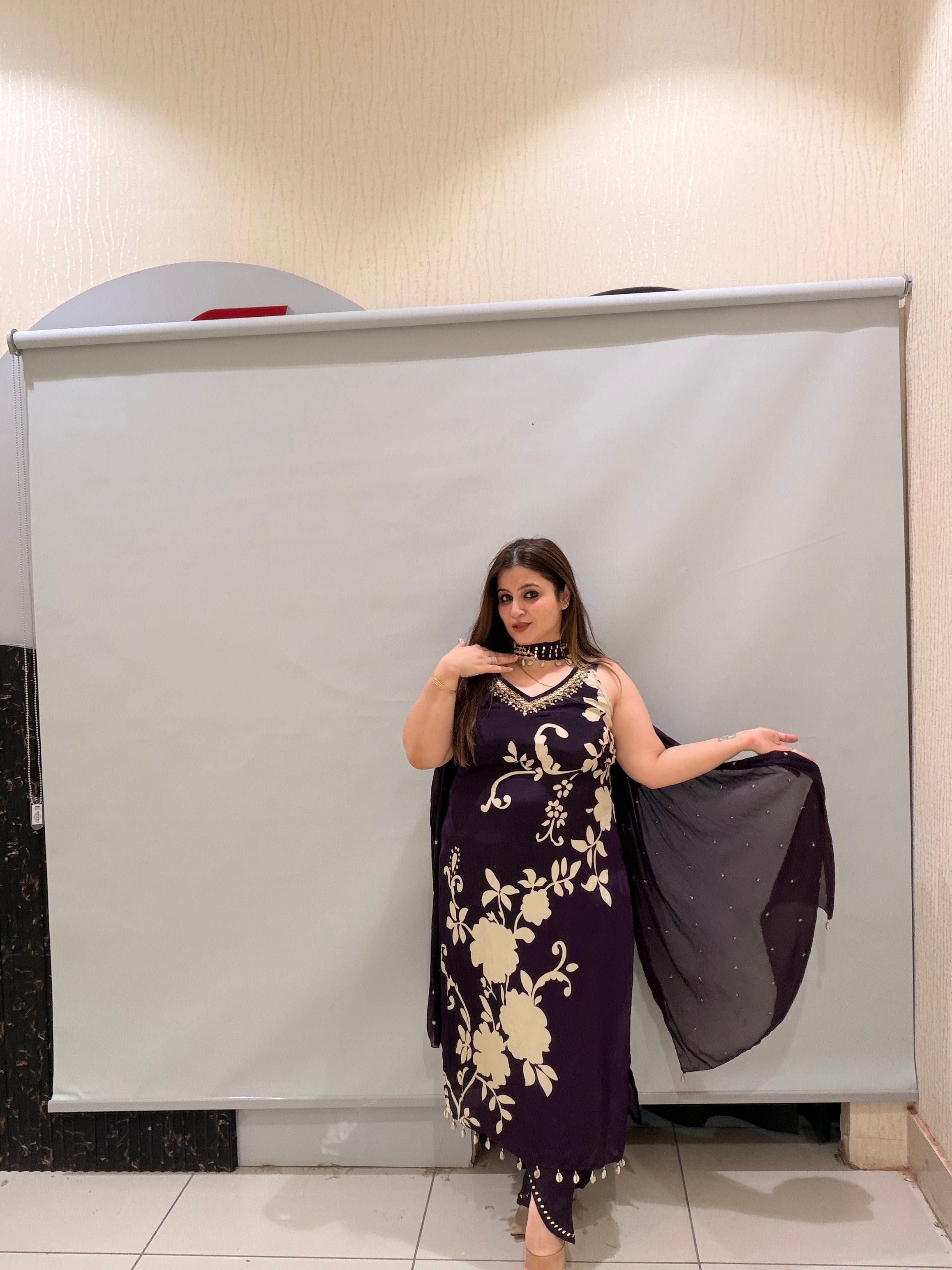 Dark Purple Floral Crepe Suit (M–XXL)