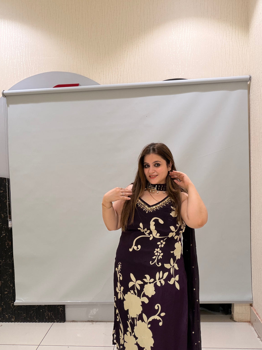 Dark Purple Floral Crepe Suit (M–XXL)